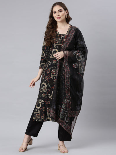 Neerus Black Panelled Straight Floral Readymade Suits