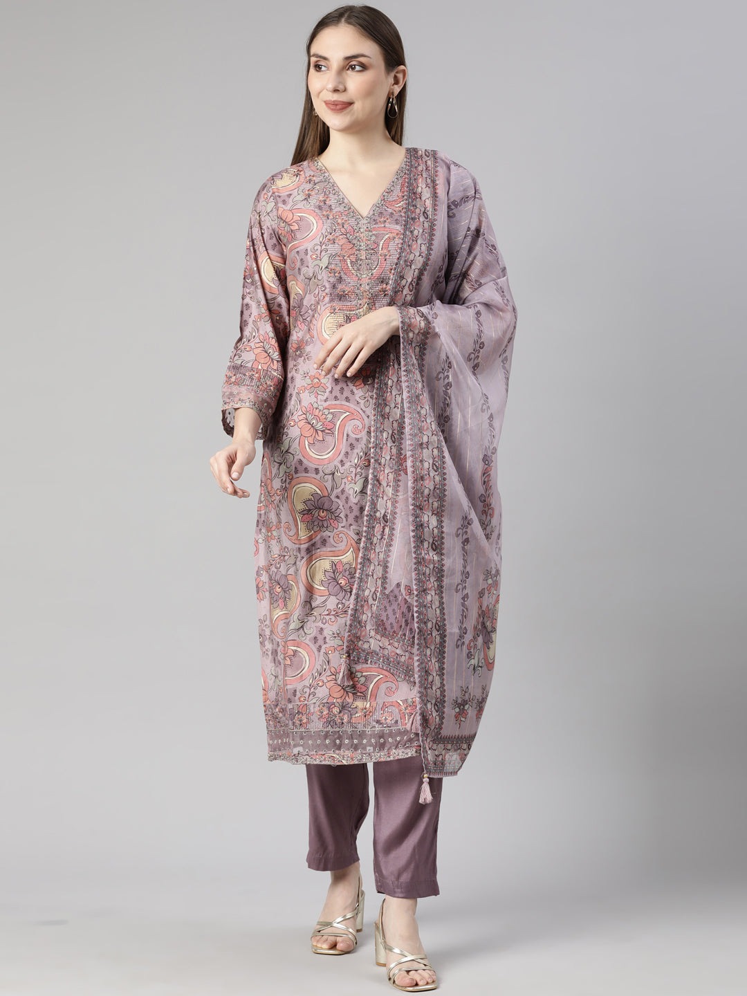 Neerus Lavender Regular Straight Floral Kurta And  Trousers With Dupatta