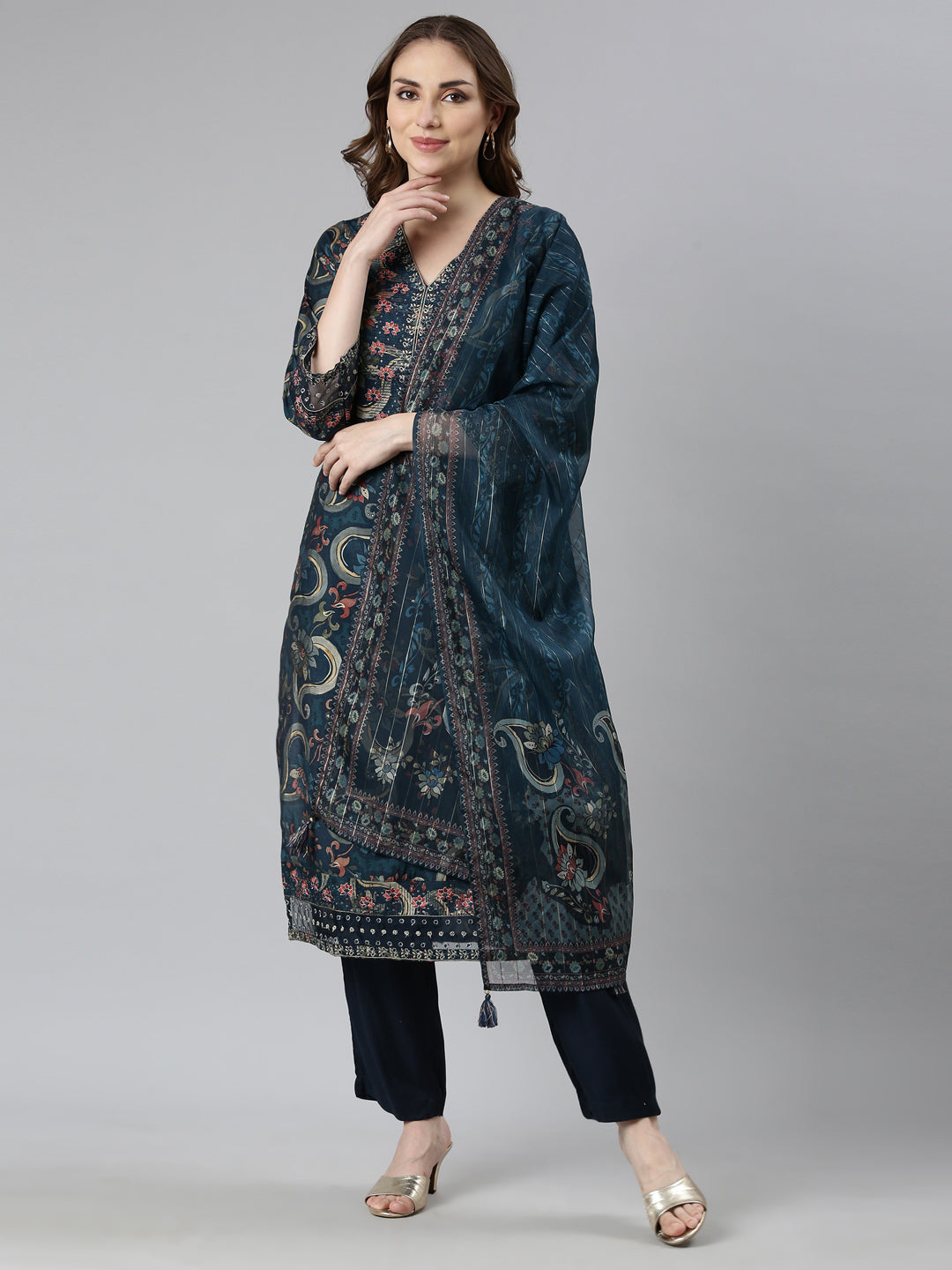 Neerus Blue Regular Straight Floral Kurta And  Trousers With Dupatta