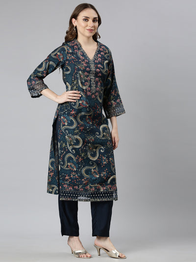 Neerus Blue Regular Straight Floral Kurta And  Trousers With Dupatta