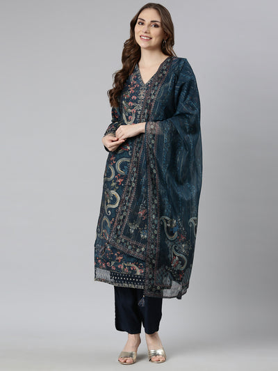 Neerus Blue Regular Straight Floral Kurta And  Trousers With Dupatta