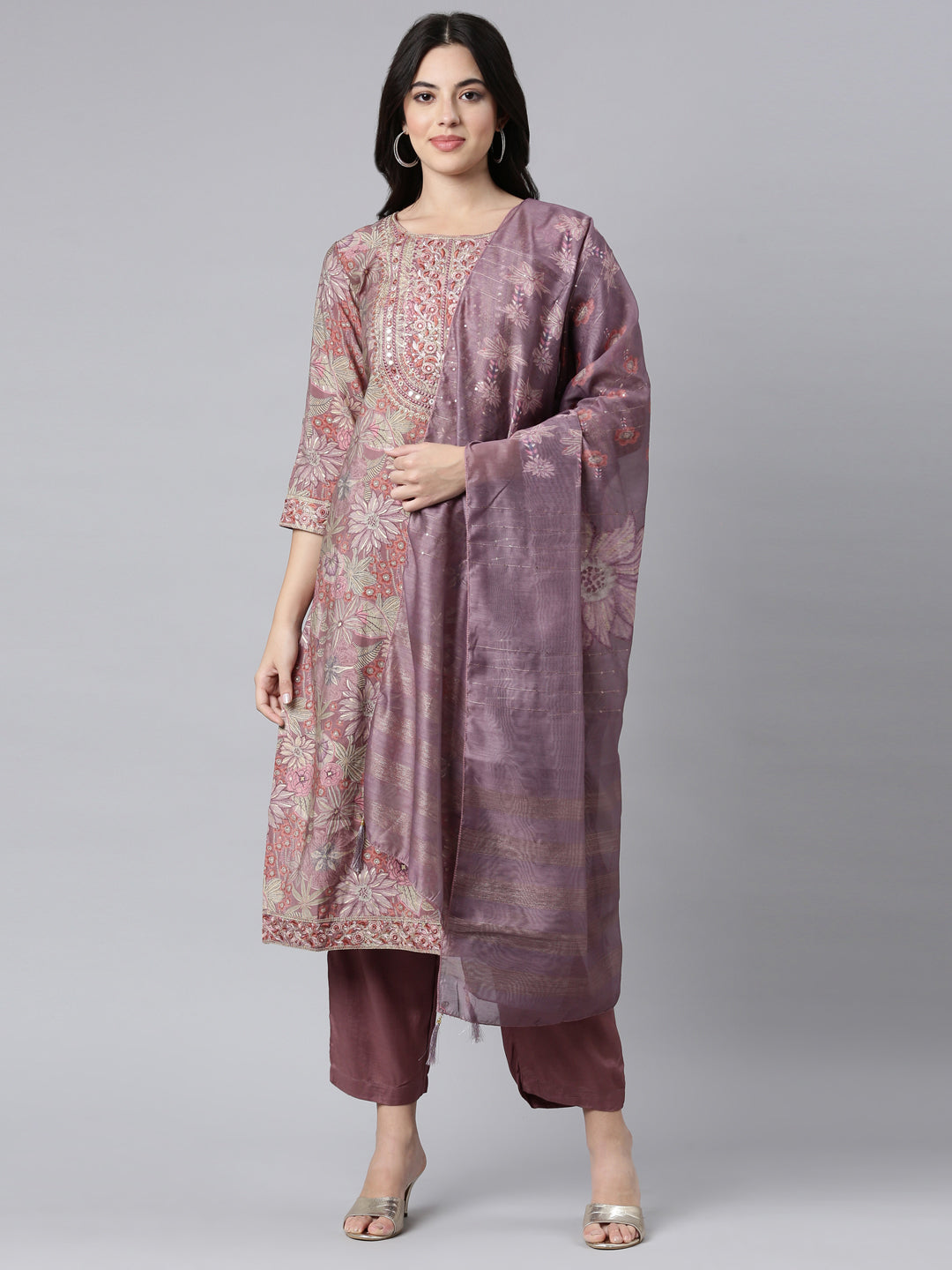 Neerus Pink Regular Straight Floral Kurta And Trousers With Dupatta