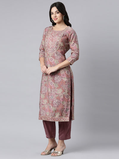 Neerus Pink Regular Straight Floral Kurta And Trousers With Dupatta