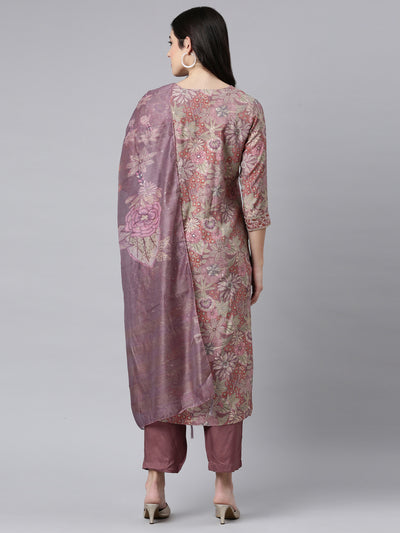 Neerus Pink Regular Straight Floral Kurta And Trousers With Dupatta