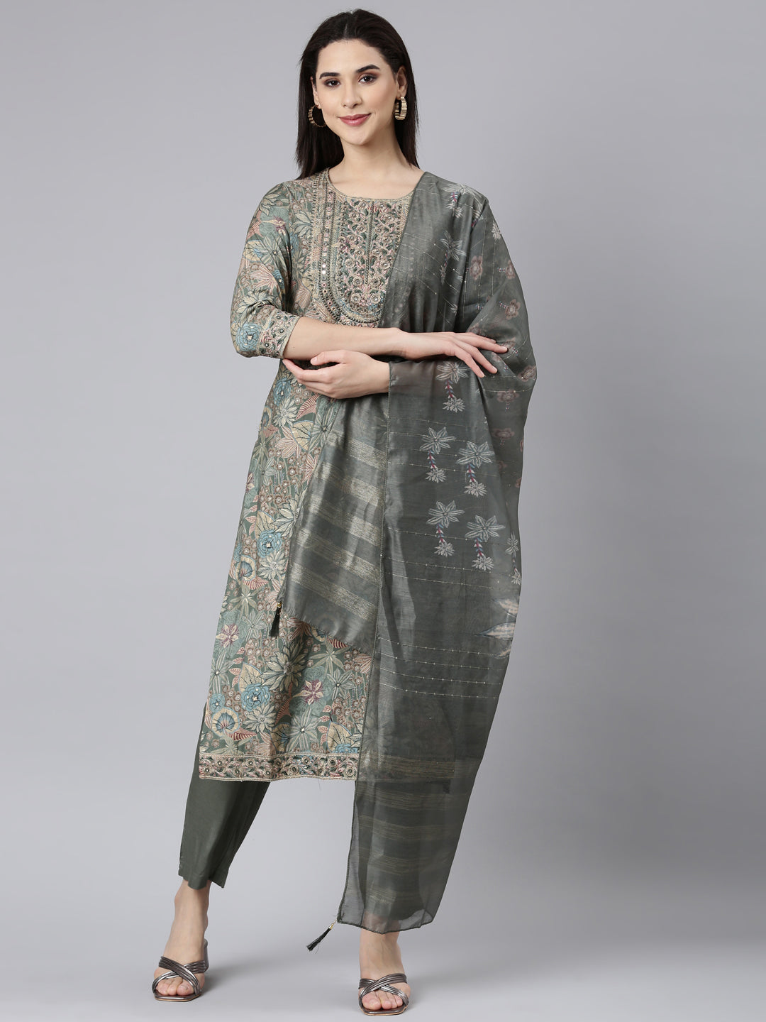 Neerus Green Regular Straight Floral Kurta And Trousers With Dupatta