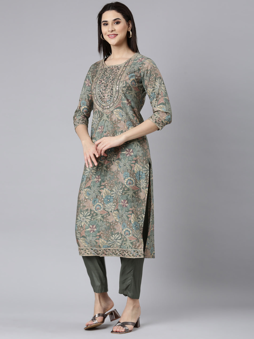 Neerus Green Regular Straight Floral Kurta And Trousers With Dupatta