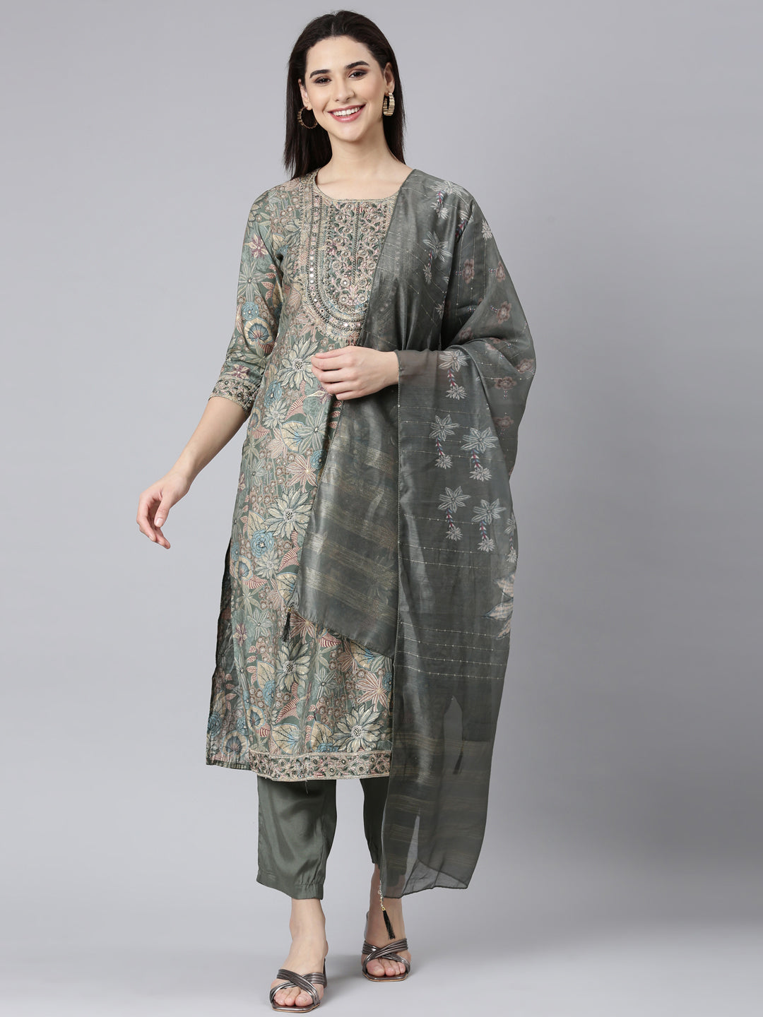 Neerus Green Regular Straight Floral Kurta And Trousers With Dupatta