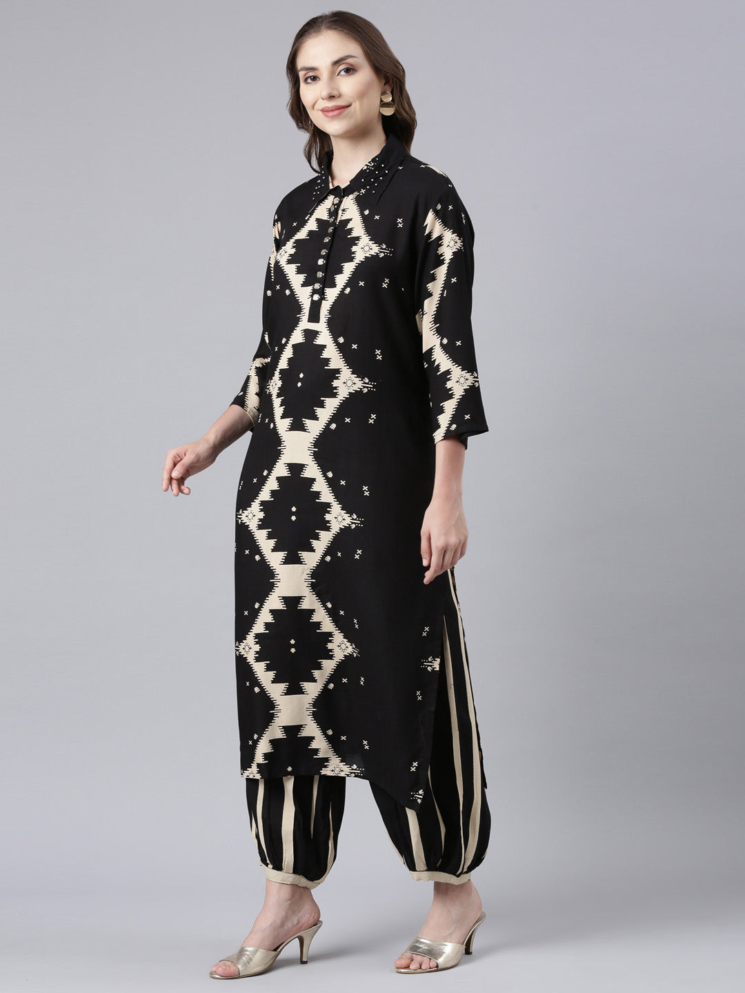 Neerus Black Panelled Straight Printed Kurta And Palazzos