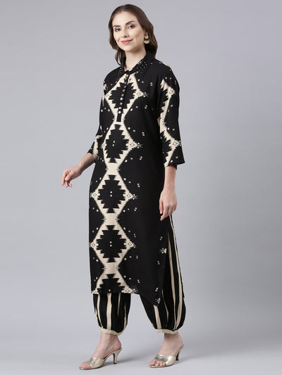 Neerus Black Panelled Straight Printed Kurta And Palazzos