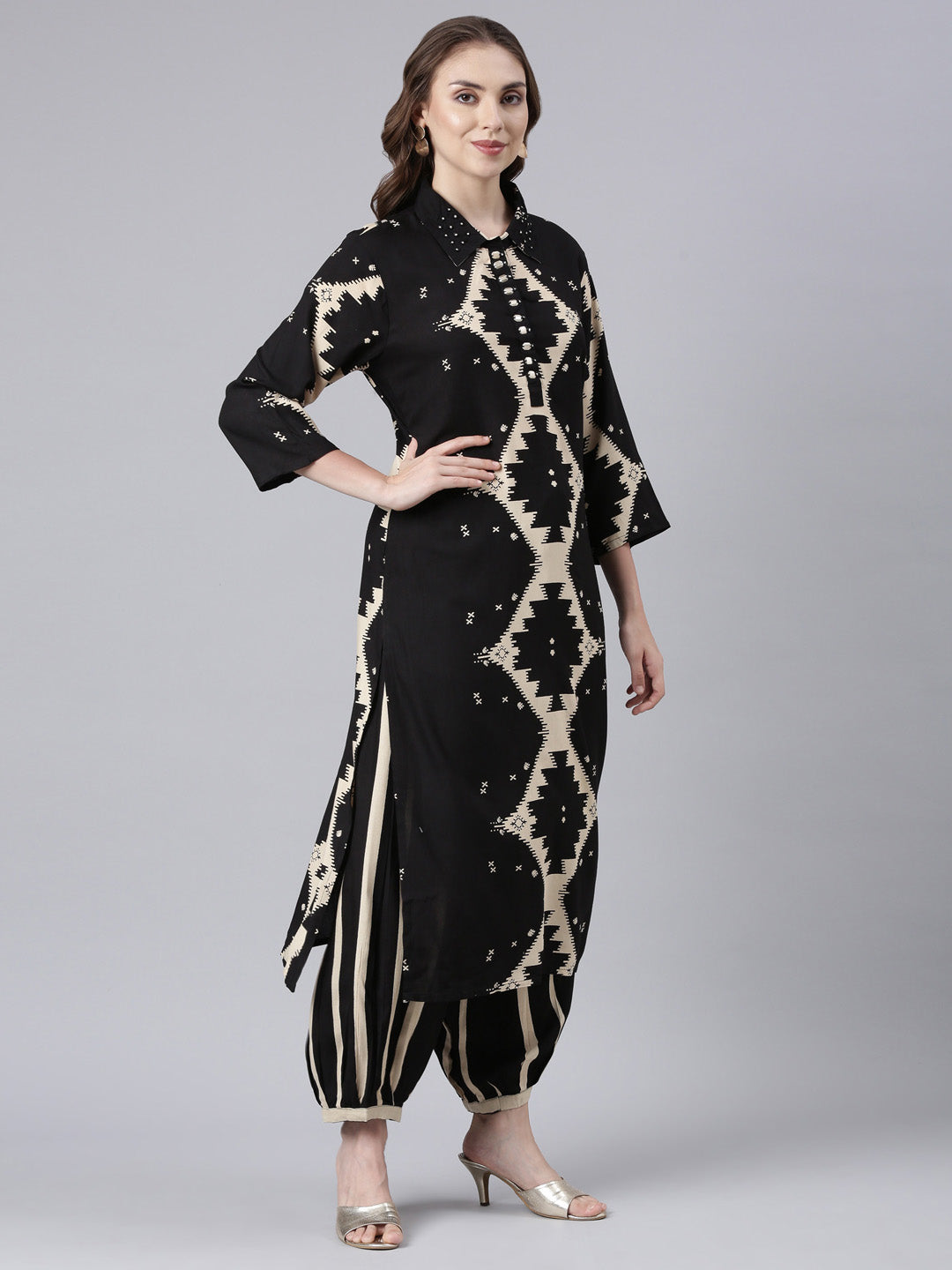 Neerus Black Panelled Straight Printed Kurta And Palazzos