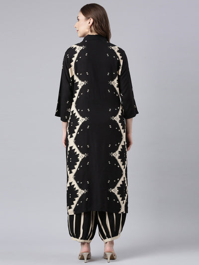 Neerus Black Panelled Straight Printed Kurta And Palazzos