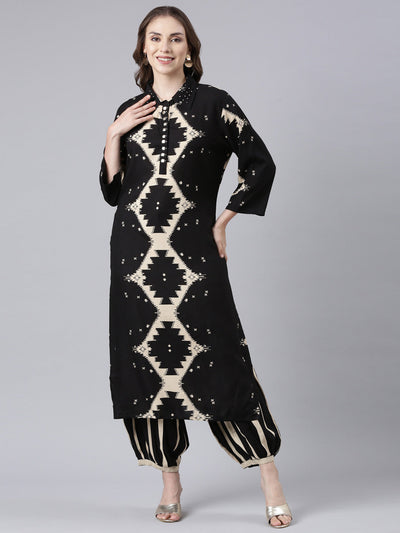 Neerus Black Panelled Straight Printed Kurta And Palazzos