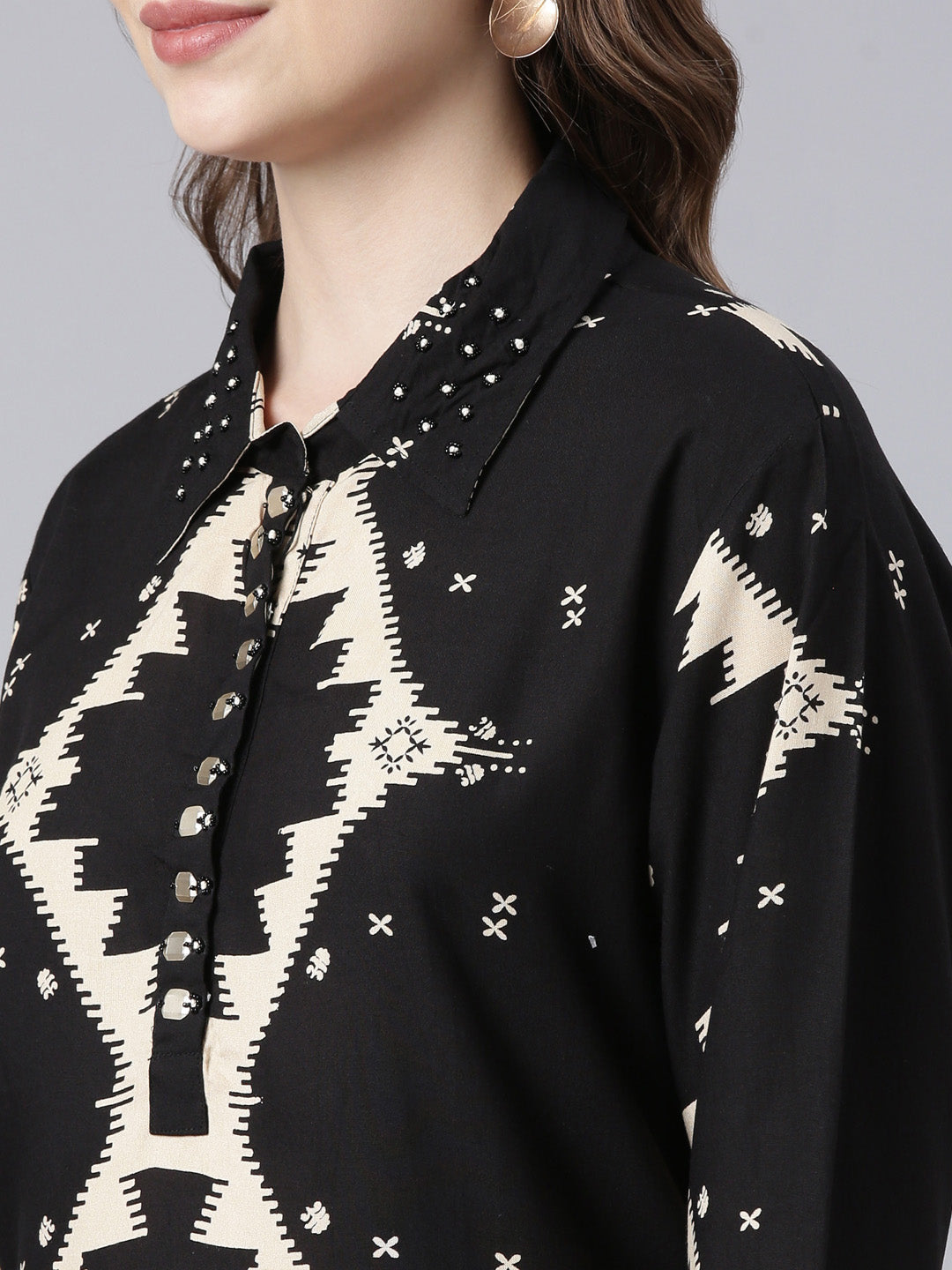 Neerus Black Panelled Straight Printed Kurta And Palazzos