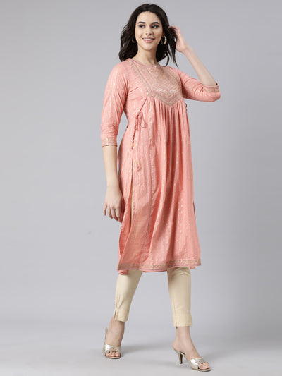 Neerus Peach Pleated Straight Bandhani Kurtas