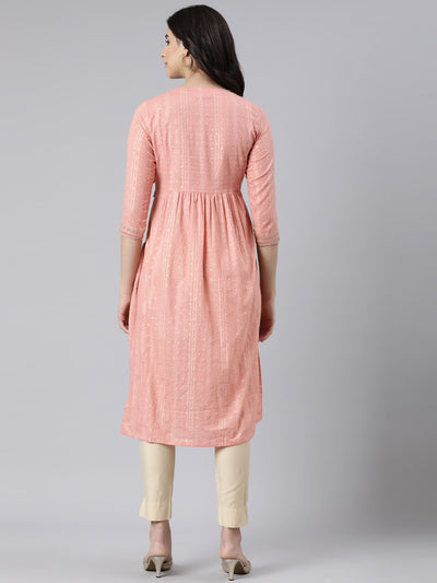 Neerus Peach Pleated Straight Bandhani Kurtas