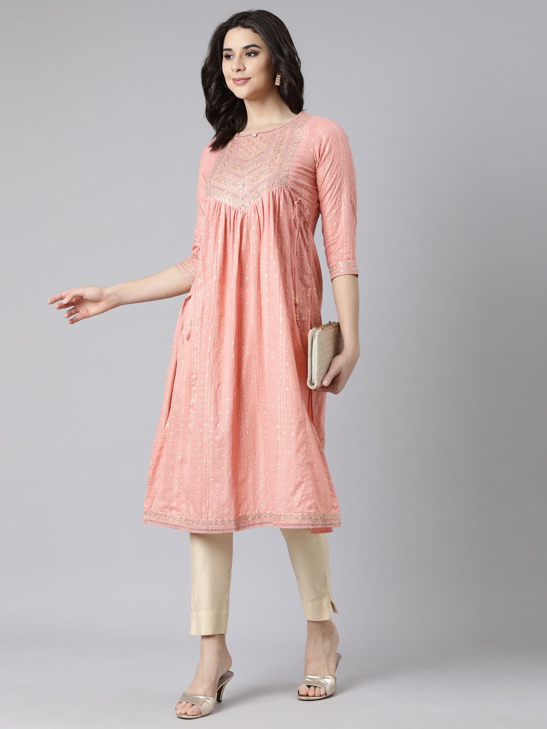 Neerus Peach Pleated Straight Bandhani Kurtas