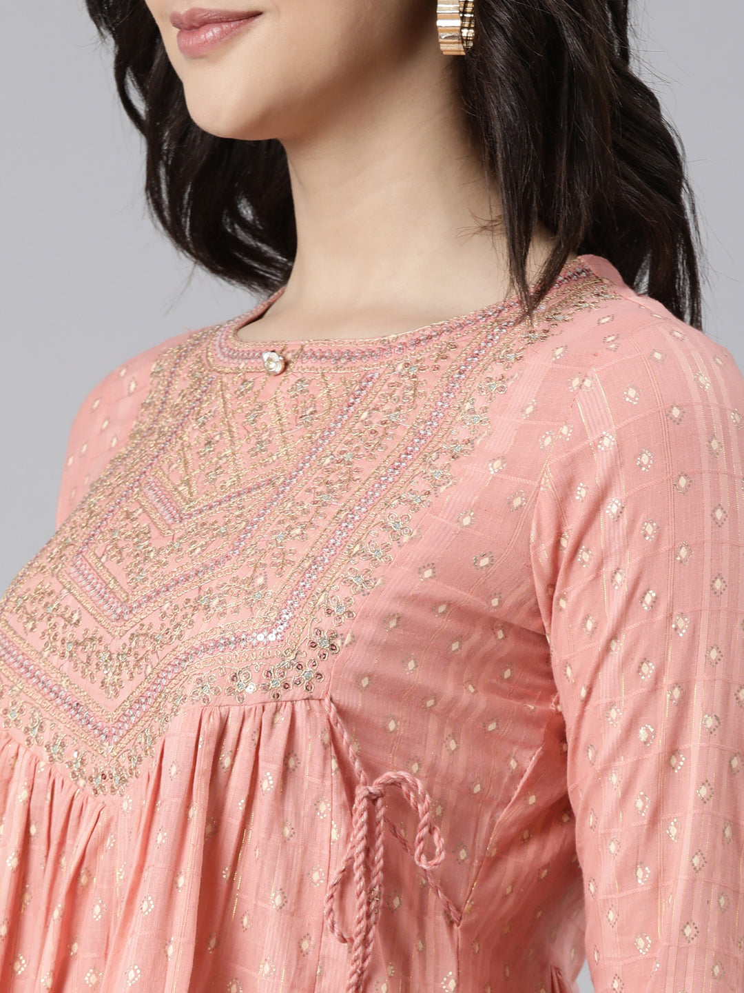 Neerus Peach Pleated Straight Bandhani Kurtas