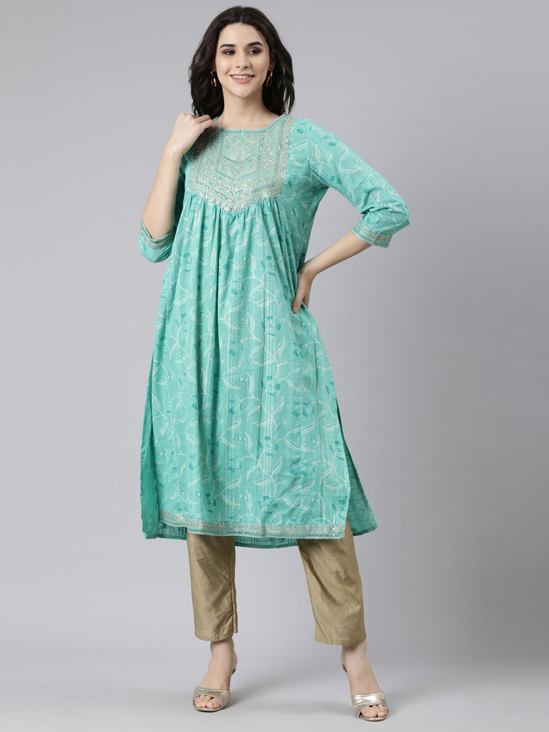 Neerus Sea Green Pleated Straight Bandhani Kurtas