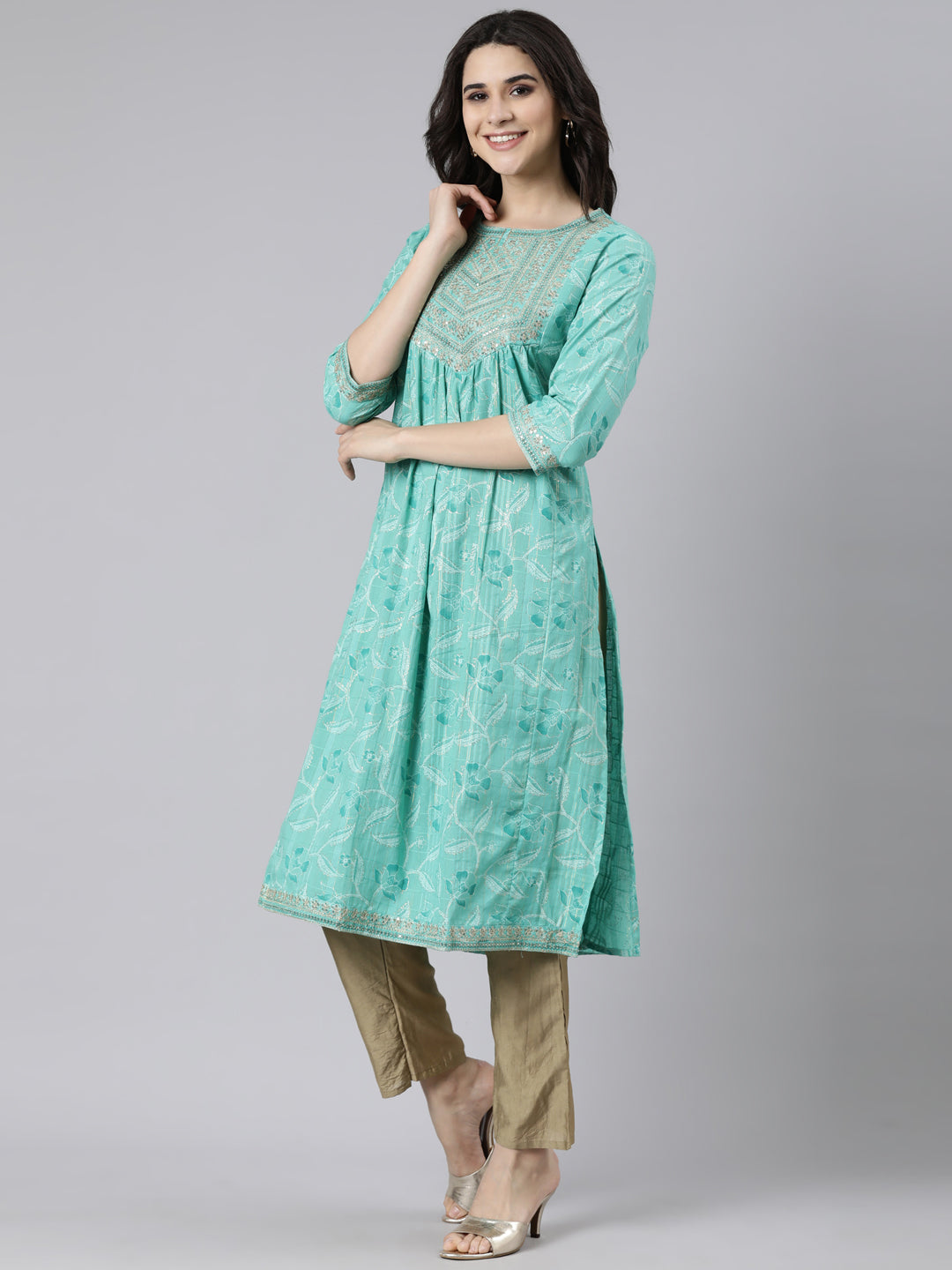 Neerus Sea Green Pleated Straight Bandhani Kurtas