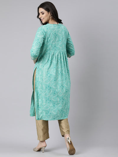 Neerus Sea Green Pleated Straight Bandhani Kurtas