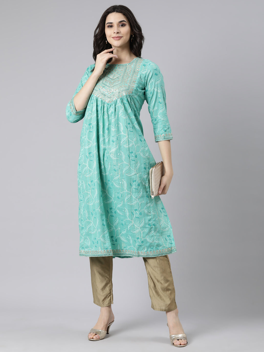 Neerus Sea Green Pleated Straight Bandhani Kurtas