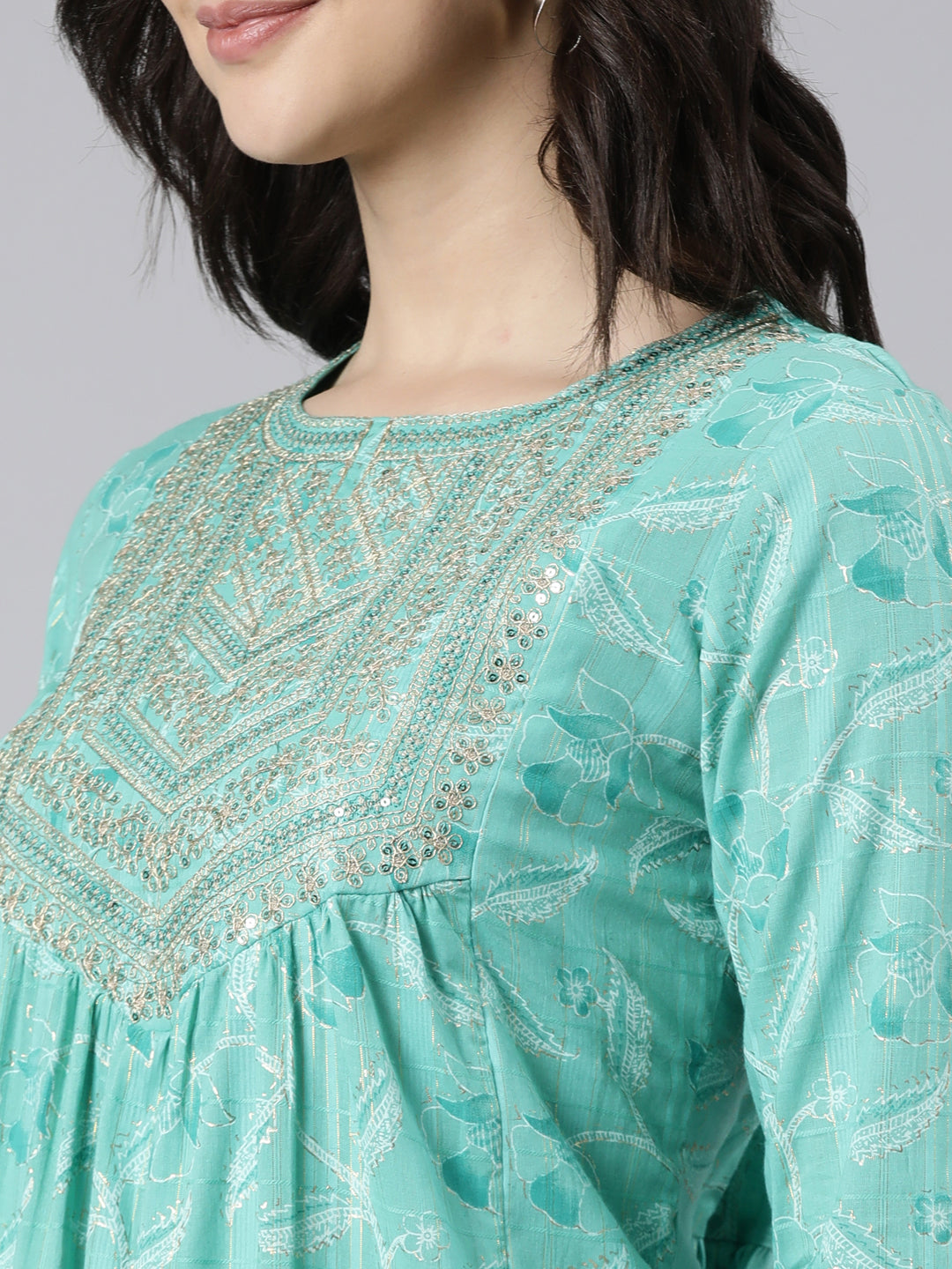 Neerus Sea Green Pleated Straight Bandhani Kurtas