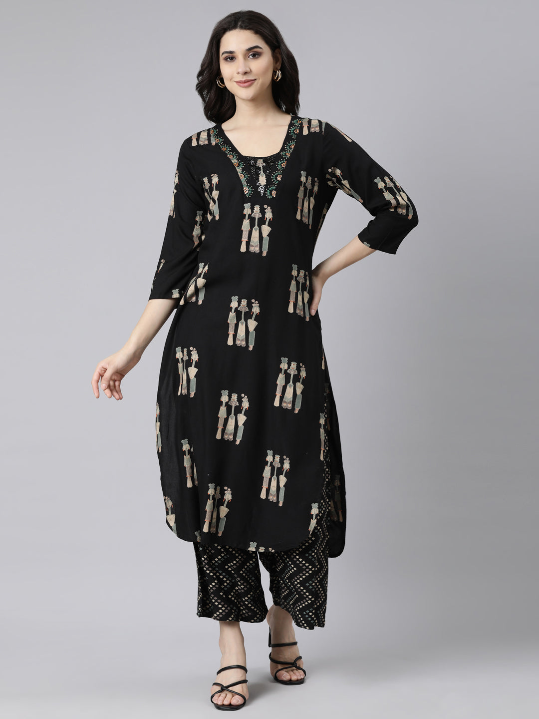 Neerus Black Regular Straight Quirky Kurta And  Trousers