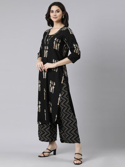 Neerus Black Regular Straight Quirky Kurta And  Trousers