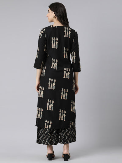 Neerus Black Regular Straight Quirky Kurta And  Trousers