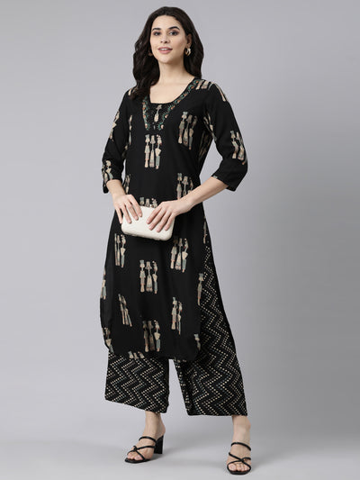 Neerus Black Regular Straight Quirky Kurta And  Trousers