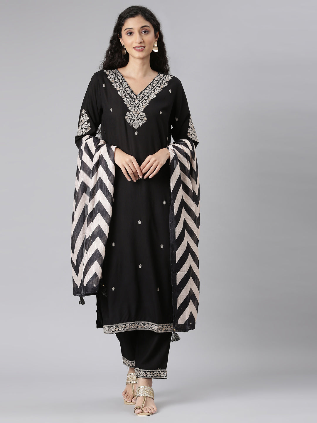 Neerus Black Straight Casual Solid Kurta and Trouser with Dupatta