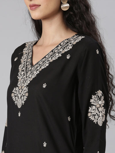 Neerus Black Straight Casual Solid Kurta and Trouser with Dupatta