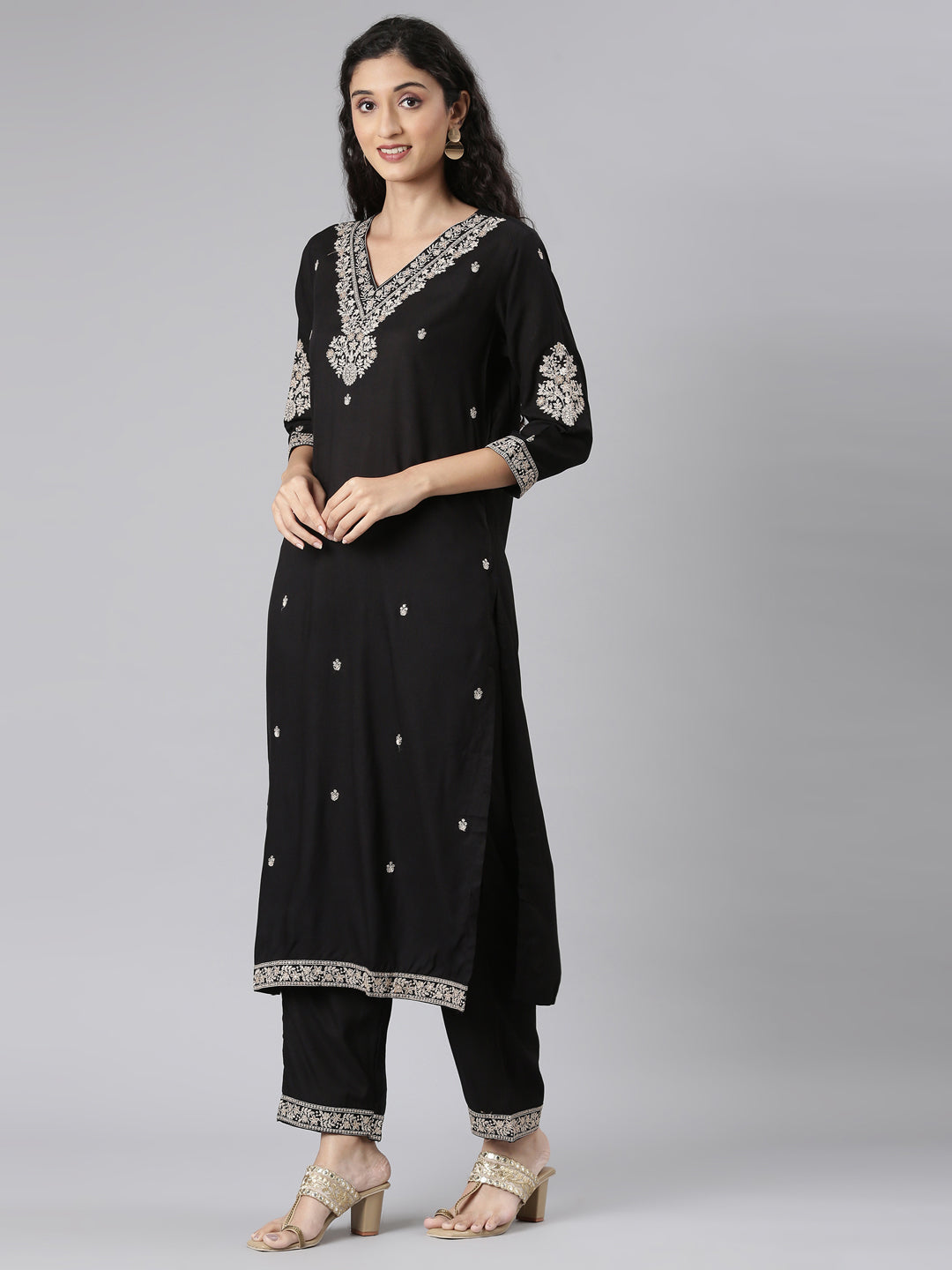 Neerus Black Straight Casual Solid Kurta and Trouser with Dupatta