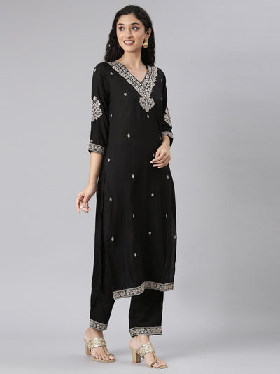 Neerus Black Straight Casual Solid Kurta and Trouser with Dupatta