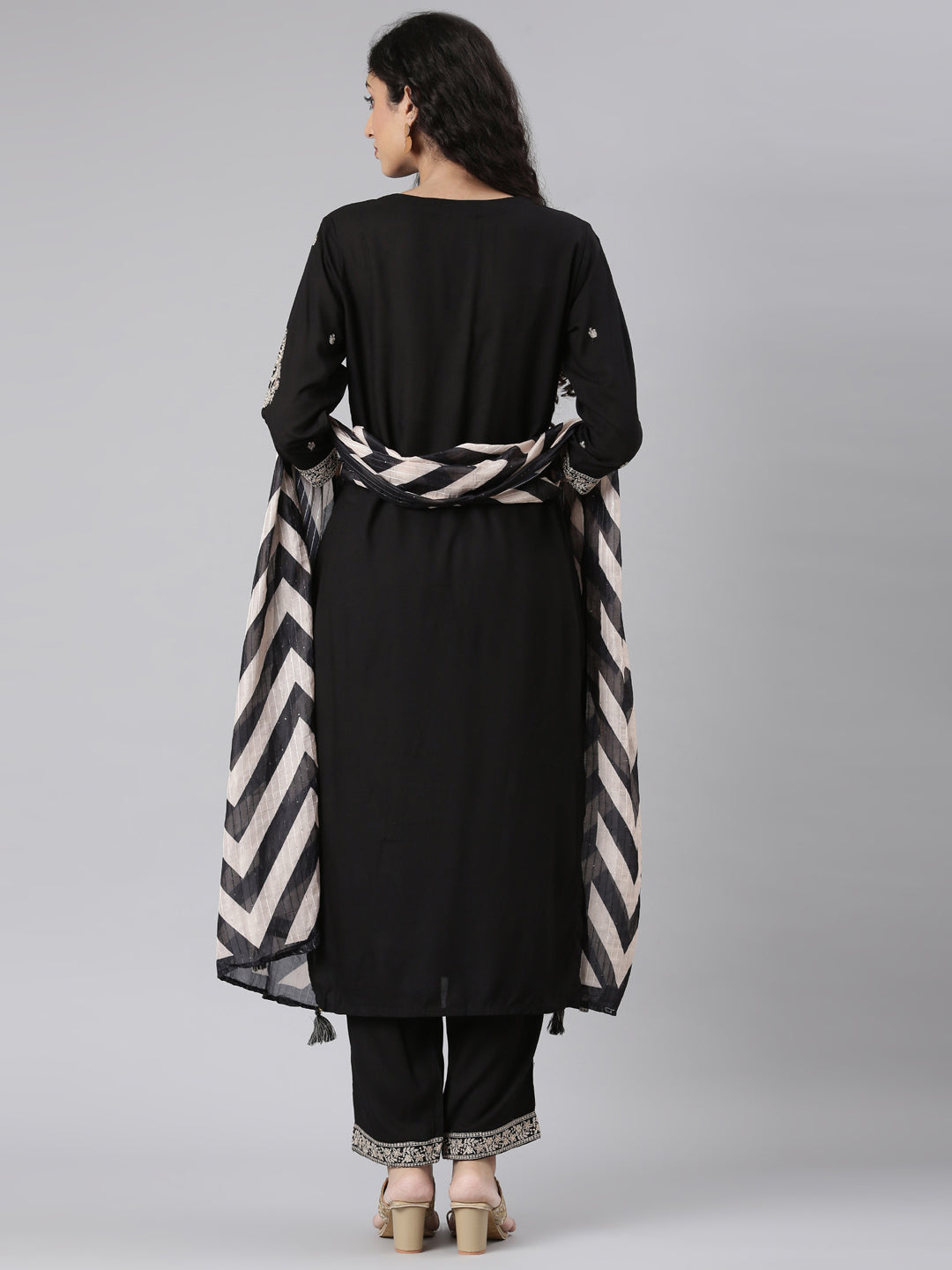 Neerus Black Straight Casual Solid Kurta and Trouser with Dupatta