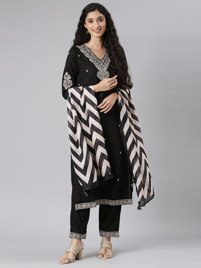 Neerus Black Straight Casual Solid Kurta and Trouser with Dupatta