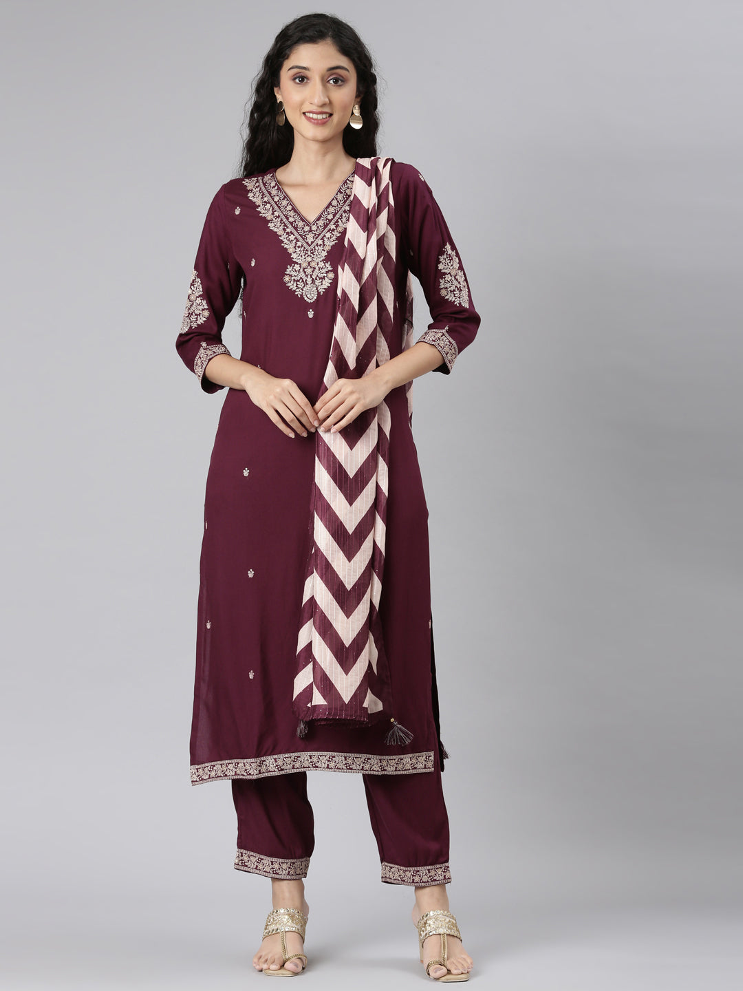 Neerus Purple Straight Casual Solid Kurta and Trouser with Dupatta