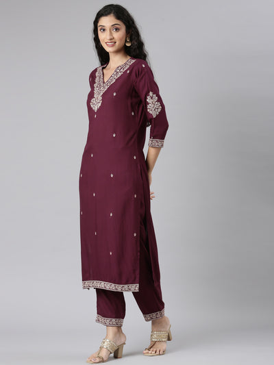 Neerus Purple Straight Casual Solid Kurta and Trouser with Dupatta