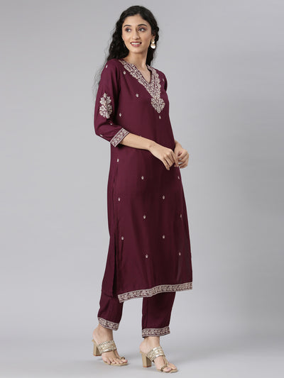 Neerus Purple Straight Casual Solid Kurta and Trouser with Dupatta