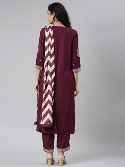 Neerus Purple Straight Casual Solid Kurta and Trouser with Dupatta