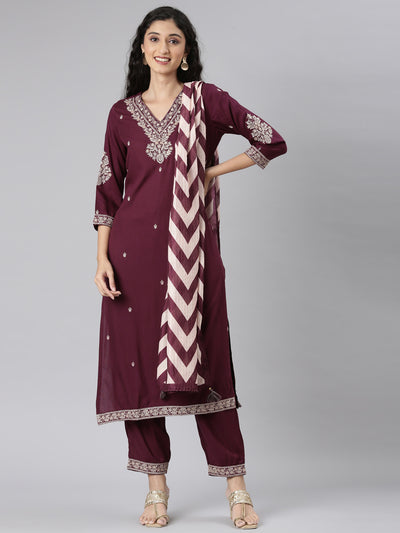 Neerus Purple Straight Casual Solid Kurta and Trouser with Dupatta