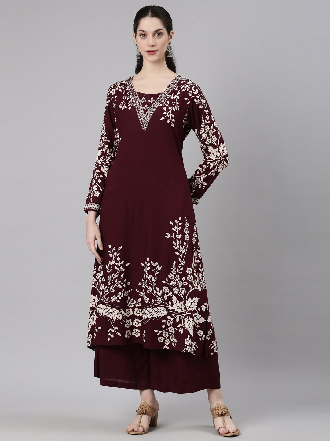 Neerus Maroon Straight Casual Floral Kurta and Plazzo