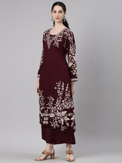 Neerus Maroon Straight Casual Floral Kurta and Plazzo