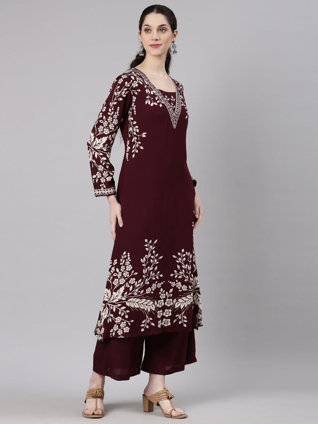 Neerus Maroon Straight Casual Floral Kurta and Plazzo