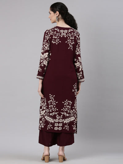 Neerus Maroon Straight Casual Floral Kurta and Plazzo