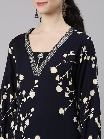 Neerus Navy Blue Straight Casual Floral Kurta and Plazzo