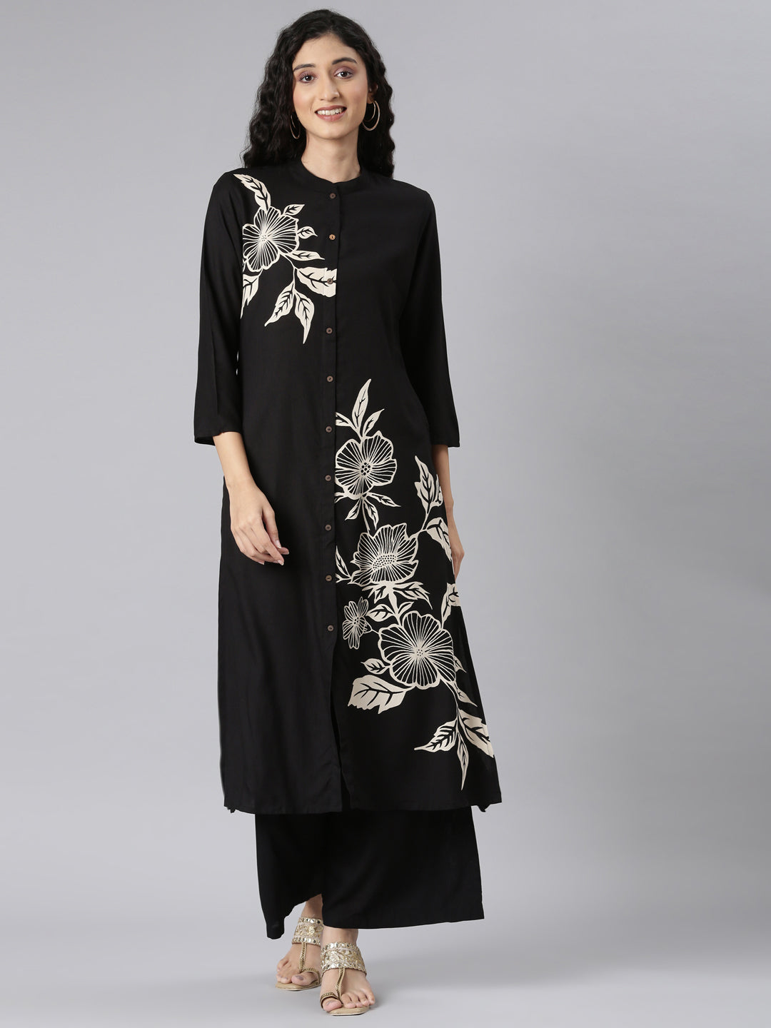 Neerus Black Straight Casual Floral Kurta and Plazzo