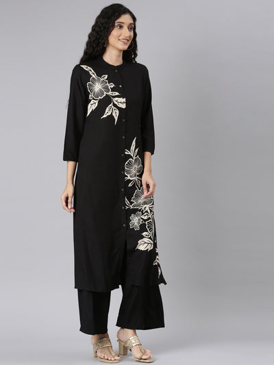 Neerus Black Straight Casual Floral Kurta and Plazzo