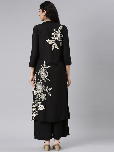 Neerus Black Straight Casual Floral Kurta and Plazzo