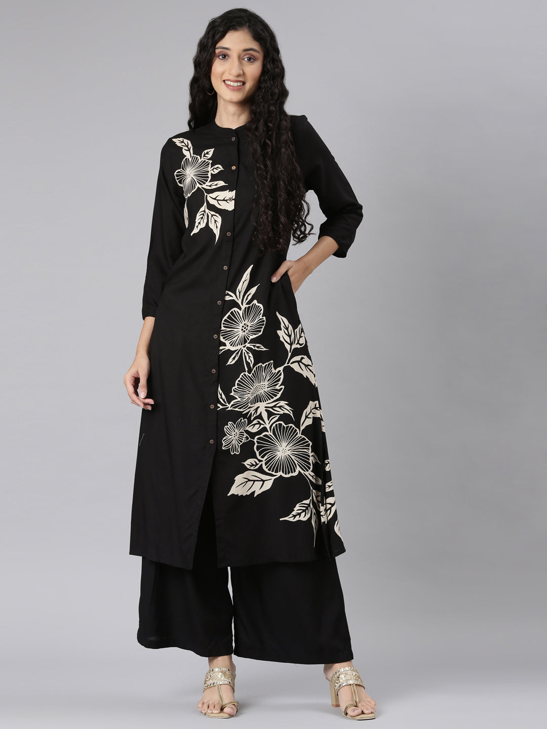 Neerus Black Straight Casual Floral Kurta and Plazzo